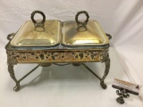 Vintage chafing dish set with two glass dishes,, 2 lids, stand shows wear, sold as is.