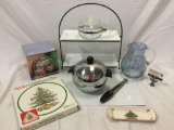 Misc. lot of kitchen decor: PYREX tea pot, SPODE Christmas Tree plates, penguin ice bucket, tongs,