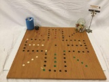 Vintage custom made game board with marbles and collection of dice. Approx. 21 x 21 in.