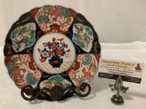 Vintage hand painted Chinese plate w/ metal stand, approx 8 in.