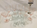 10 pc. lot of pink / clear drinking glasses, approx 3.5 x 7 in.