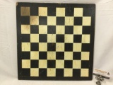 Vintage painted wood two sided game board, checkers, backgammon, approx 18 x 18 in.