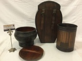 3 pc. lot of rustic home decor: antique wood bowl w/ lid, tin wastebasket, more.