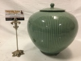 Large Asian ceramic jar with lid, approximately 10 x 11 in.
