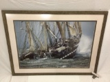 Large framed photo print sailing ship in rough seas, plastic cover shows wear, approx 39 x 29 in.