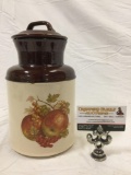 Vintage McCoy California pottery ceramic kitchen jar with printed fruit design and lid, nice piece