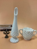 2 pc. lot of vintage milk glass: Fenton bud vase, hobnail 2 handle cup, approx 3 x 9 in.