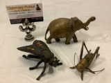 3 pc. lot of vintage brass elephant/ insect: cast iron fly / brass grasshopper figures, approx 6 x 2