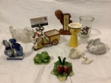 Nice lot of collectibles/ figurines; Lefton frog, Lenox swan, delft blue kissing couple and more.