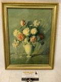Vintage framed floral arrangement art print by Carle J. Blenner, approx 11 x 13 in.