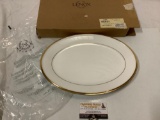 Lennox eternal white oval platter gold banded bone china w/ box, 13 inches.