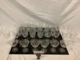Lot of etched glass drinking glasses; 4 styles, approx 3.5 x 6 in.