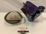 2 pc. of art glass home decor: thick glass bowl, multicolor folded glass vase, Nice lot.