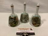 3 pc. Currier & Ives vintage porcelain bells: Summer, Autumn, Winter. Approx 3 x 5 in.