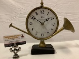 Stephen J Pongrace, hunting club horn shaped desk clock, shows wear, , Approx 12 x 11 in. Sold as