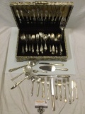 Large collection of mixed vintage silverplate flatware in wood case, many styles.