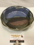 Handmade stoneware bowl w/ decorative glaze, signed by artist, approx 10 x 2 in.