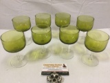 8 pc. lot of vintage green glass drinking glasses w/ clear stem, approx 3 x 4.5 in.