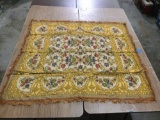 Vintage woven tablecloth with floral design, nice condition w/ fringe, approx 50 x 50 in.