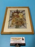 Vintage framed natural pressed flower collage artwork, approx 9 x 10.75 in.