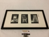 Framed triptych chair silhouette art prints by Mel Felix, approx 21 x 11 in.