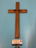 Oak wall religious crucifix, He Lives, approx 8 x 16 in.