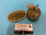 2 pc. lot of vintage metal decor; apple bell & tray, approx 5 x 3 in.