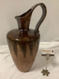 Large unique hand made ceramic pitcher w/ handle, brown glaze, one of a kind, sold as is.