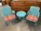3 pc. lot of blue painted metal patio furniture, table / 2 chairs w/ cushions.