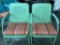 2 pc. lot of green painted metal patio furniture, 2 chairs w/ cushions.