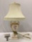 Vintage porcelain table lamp with shade, tested /needs maintenance, sold as is.