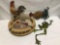 Country scene lazy Susan , two metal roosters and a frog