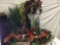 Large lot of faux flower and assorted arrangements w/ metal hanging basket