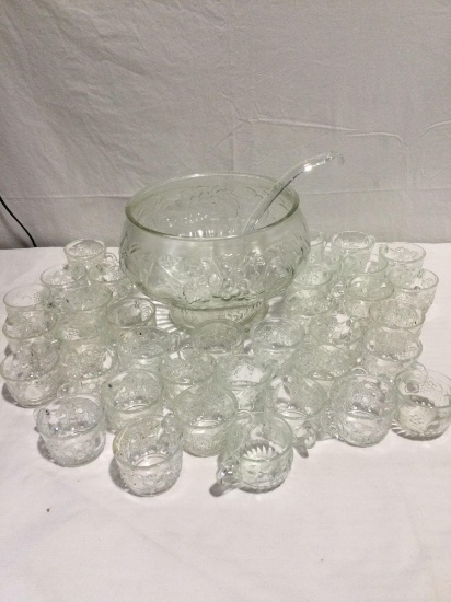 Glass Punch bowl w/ ladle and large cup set w/ approx 39 cups