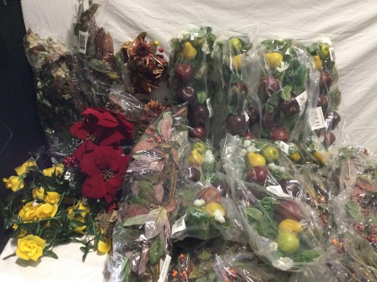 Large selection of faux flowers and mostly fruit arrangements most seem new