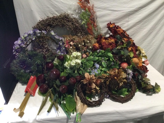 Large selection assorted sized hanging wreaths and autumn faux foliage plus 2 hangers