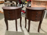 Pair of modern wood crescent nightstands w/ 3 small drawers, approx. 22 x 12 x 28 in.