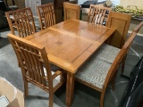 Vintage woodtone dining table w/ 6 matching chairs, 2 leaf extensions, solid construction, nice!