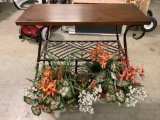 Modern metal frame display table w/ 2 faux flower arrangement hanging baskets