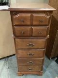 Vintage wood dresser with six drawers, shows wear, approx 20 x 16 x 49 in.