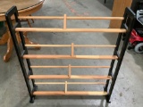 Modern wood media rack w/ 4 shelves, approx 33 x 9 x 38 in.