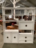 Vintage wood shelf cabinet w/ 2 drawers, 2 cupboards, painted white, approx 59 x 70 x 16 in.