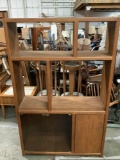 Large vintage wood entertainment center shelf unit w/ tinted glass door cabinet, shows wear, approx