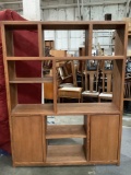 Large vintage wood entertainment center shelf unit, shows wear, approx 60 x 77 x 16 in.
