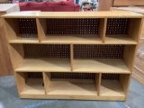 Community Furn. pine wood bookshelf on wheels, approx 48 x 12 x 37 in.