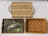 3 pc. lot of vintage serving trays, serving baskets, 1 w/ duck wildlife image, approx 23 x 15 in.