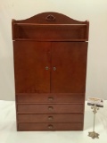 Wall hanging wood jewelry cabinet, approximately 17 x 30 x 5 in. Nice condition.