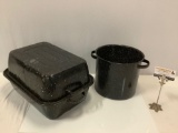 2 pc. lot of vintage enameled cooking pots, broiler w/ lid, approx 20 x 10 x 12 in.