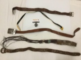 5 pc. lot of vintage belts, woven leather - Turkey, RocaWear, yellow snake skin belt, approx. 36 in.