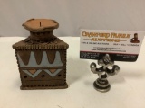 Handmade clay candle holder, approximately 3 x 4 x 3 in.